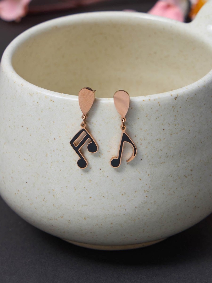 Beruzu - Rose Gold Water Drop Earrings with Dangling Music Note Accents