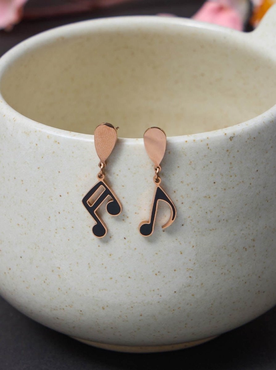 Beruzu - Rose Gold Water Drop Earrings with Dangling Music Note Accents