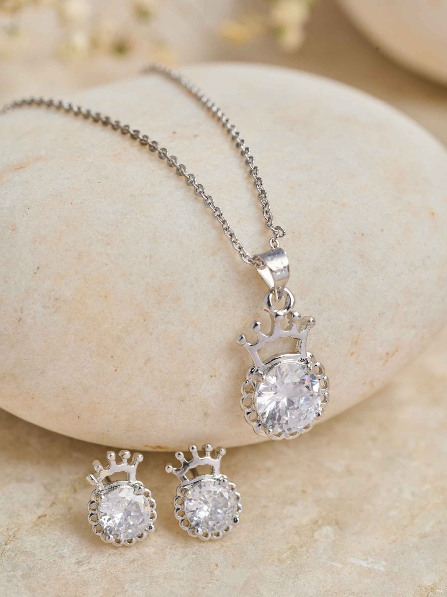 Beruzu Royal Silver Crown Pendant Earring Set - Beruzu