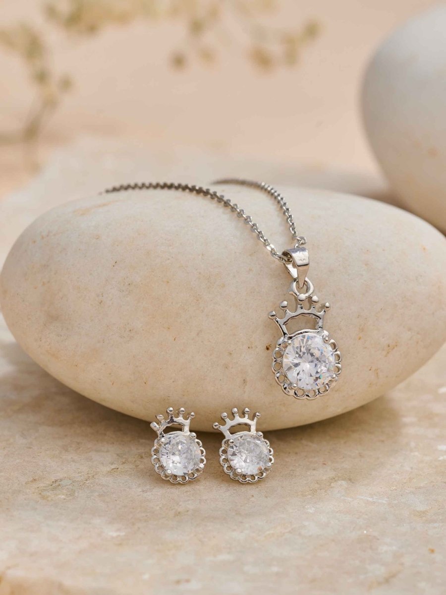 Beruzu Royal Silver Crown Pendant Earring Set - Beruzu