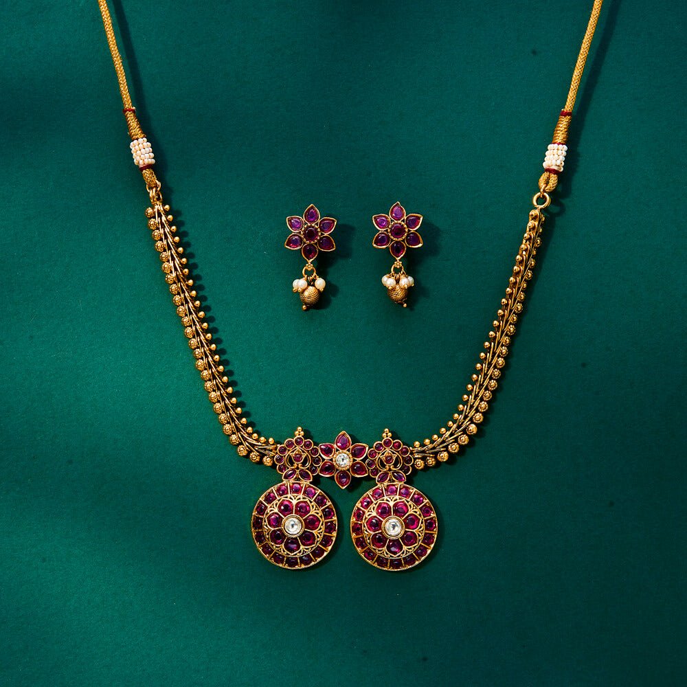 Beruzu - Ruby - Studded Floral Motifs and Intricate Circular Pendants Set - Beruzu