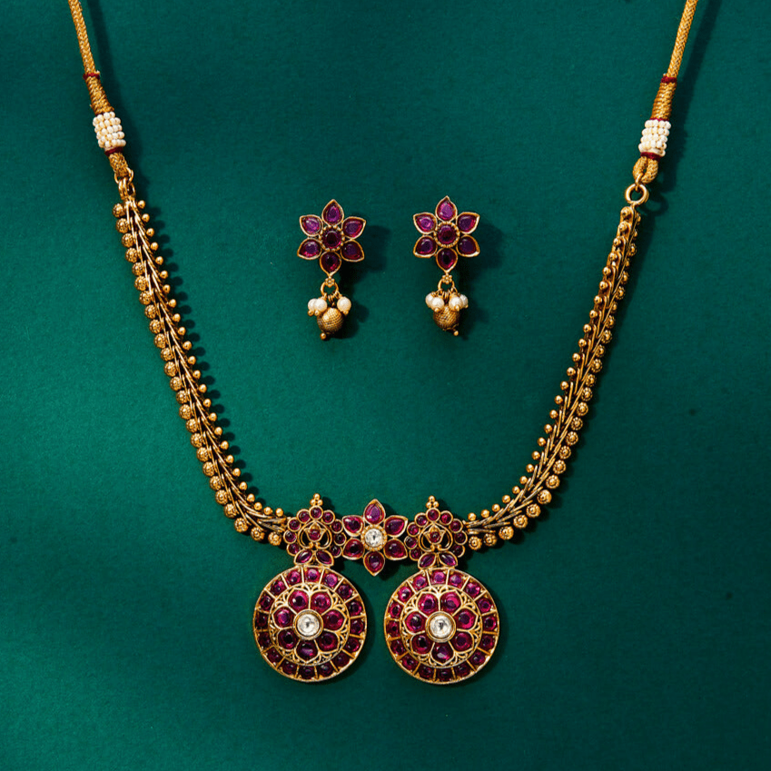 Beruzu - Ruby - Studded Floral Motifs and Intricate Circular Pendants Set - Beruzu