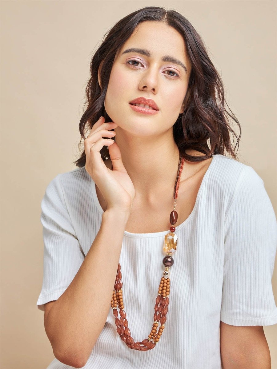 Beruzu - Sandalwood Symphony Multithreaded Long Necklace with Earthy Brown Beads - Beruzu Fashion