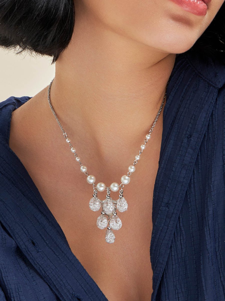 Beruzu - Silver Cascade Necklace with Graduated Pearls and Crystal Pendant - Beruzu Fashion