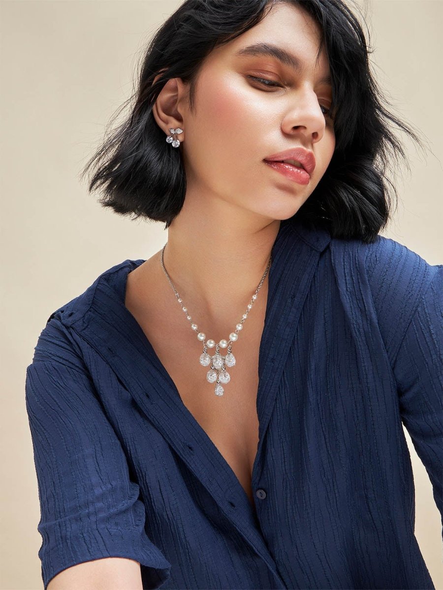 Beruzu - Silver Cascade Necklace with Graduated Pearls and Crystal Pendant - Beruzu Fashion