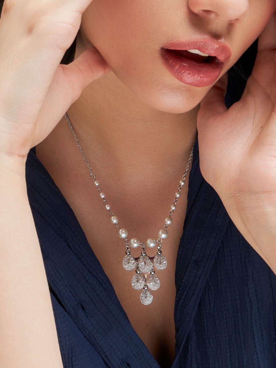 Beruzu - Silver Cascade Necklace with Graduated Pearls and Crystal Pendant - Beruzu Fashion