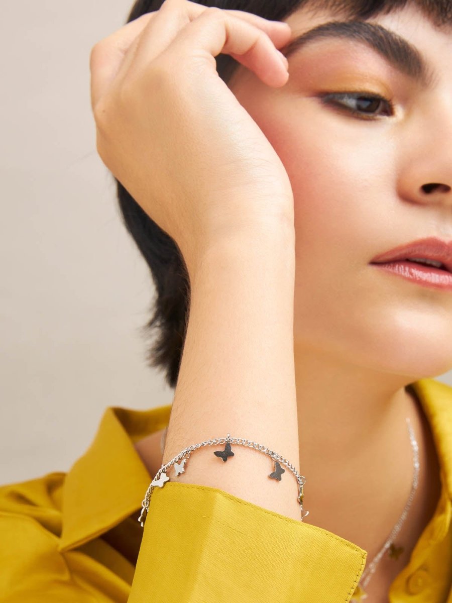 Beruzu - Silver Finish Bracelet with Butterfly Charms - Beruzu Fashion