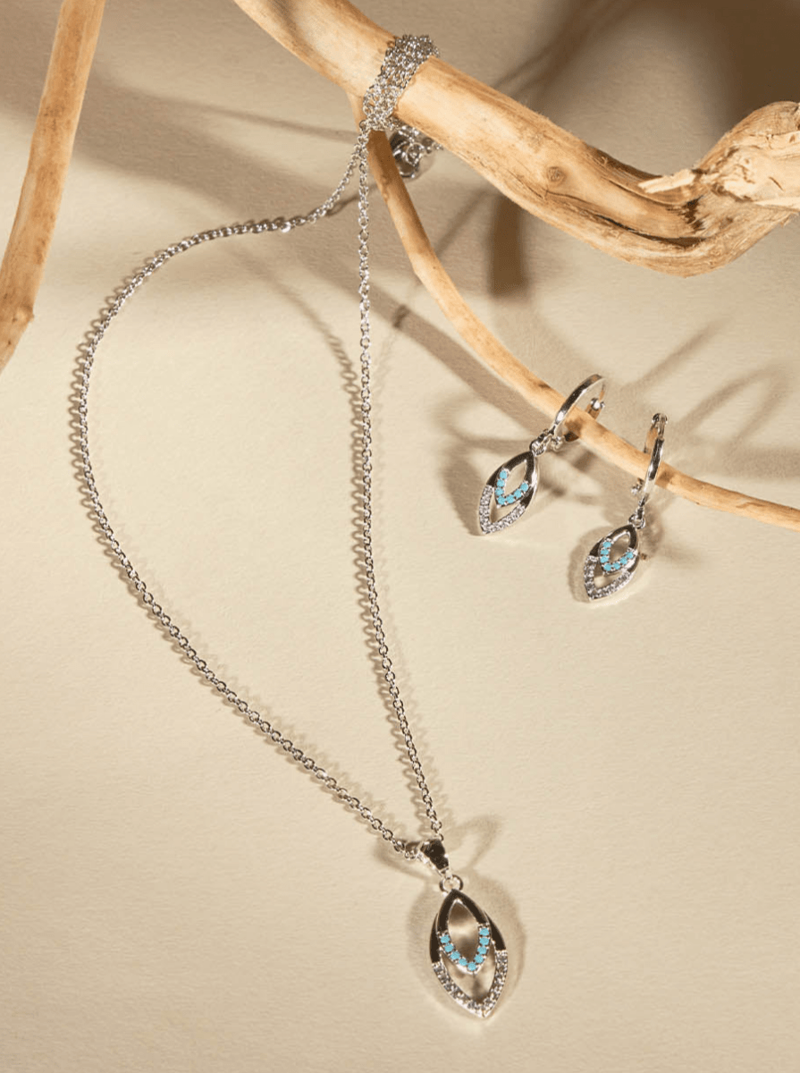 Beruzu - Silver Finish Earring and Necklace Set with Dew Drop Pendants and Blue Enamel