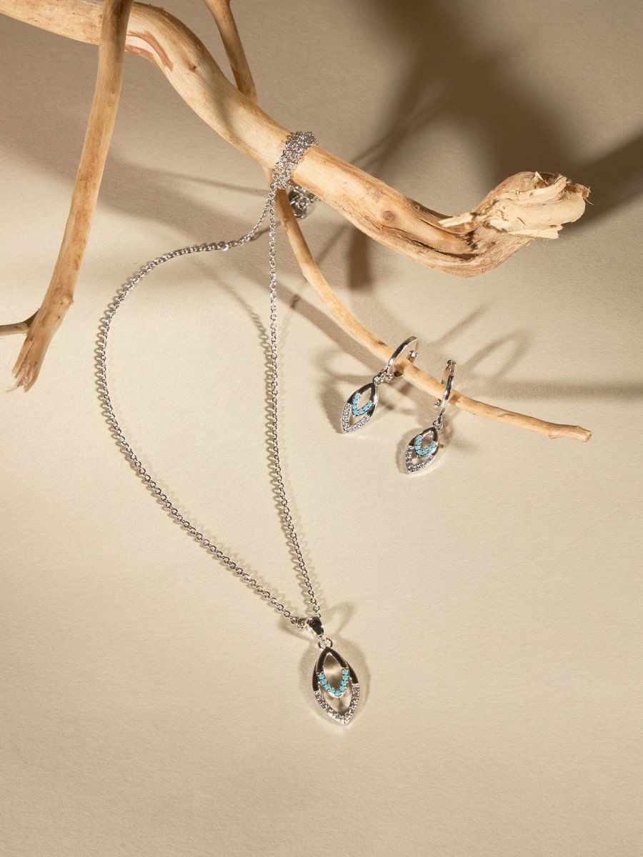 Beruzu - Silver Finish Earring and Necklace Set with Dew Drop Pendants and Blue Enamel