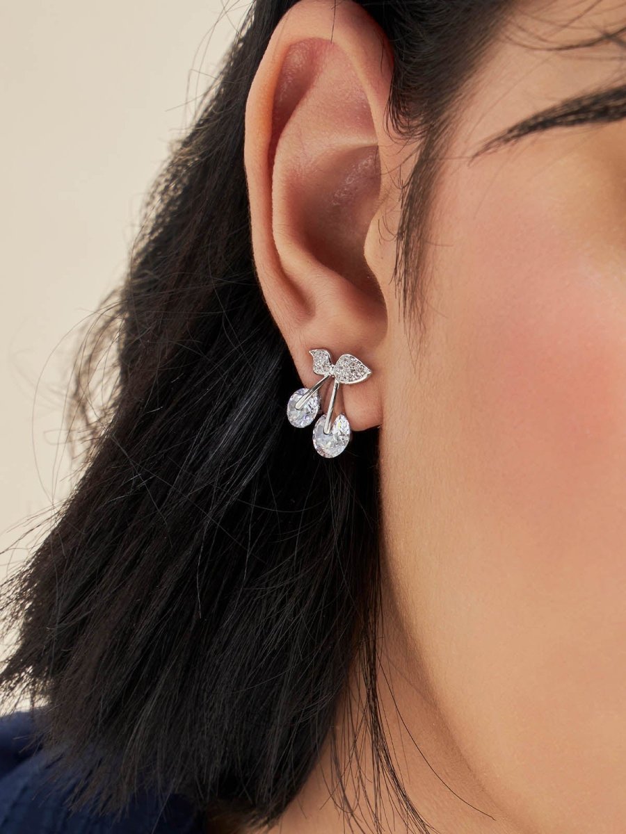 Beruzu - Silver Finish Earrings with Crystal-Embellished Leaves and Fruit Design