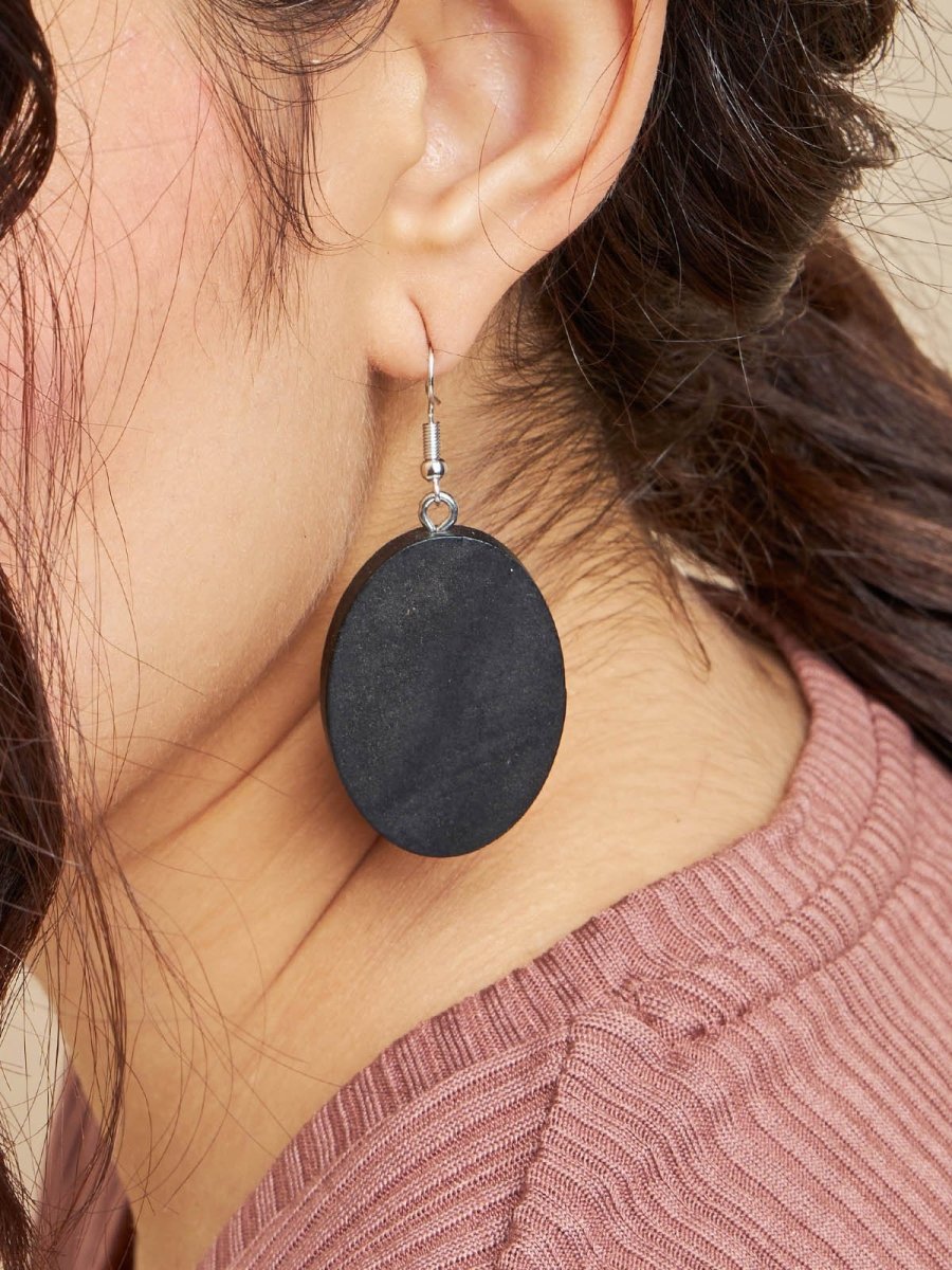 Beruzu - Silver Finish Earrings with Large Black Oval Stone