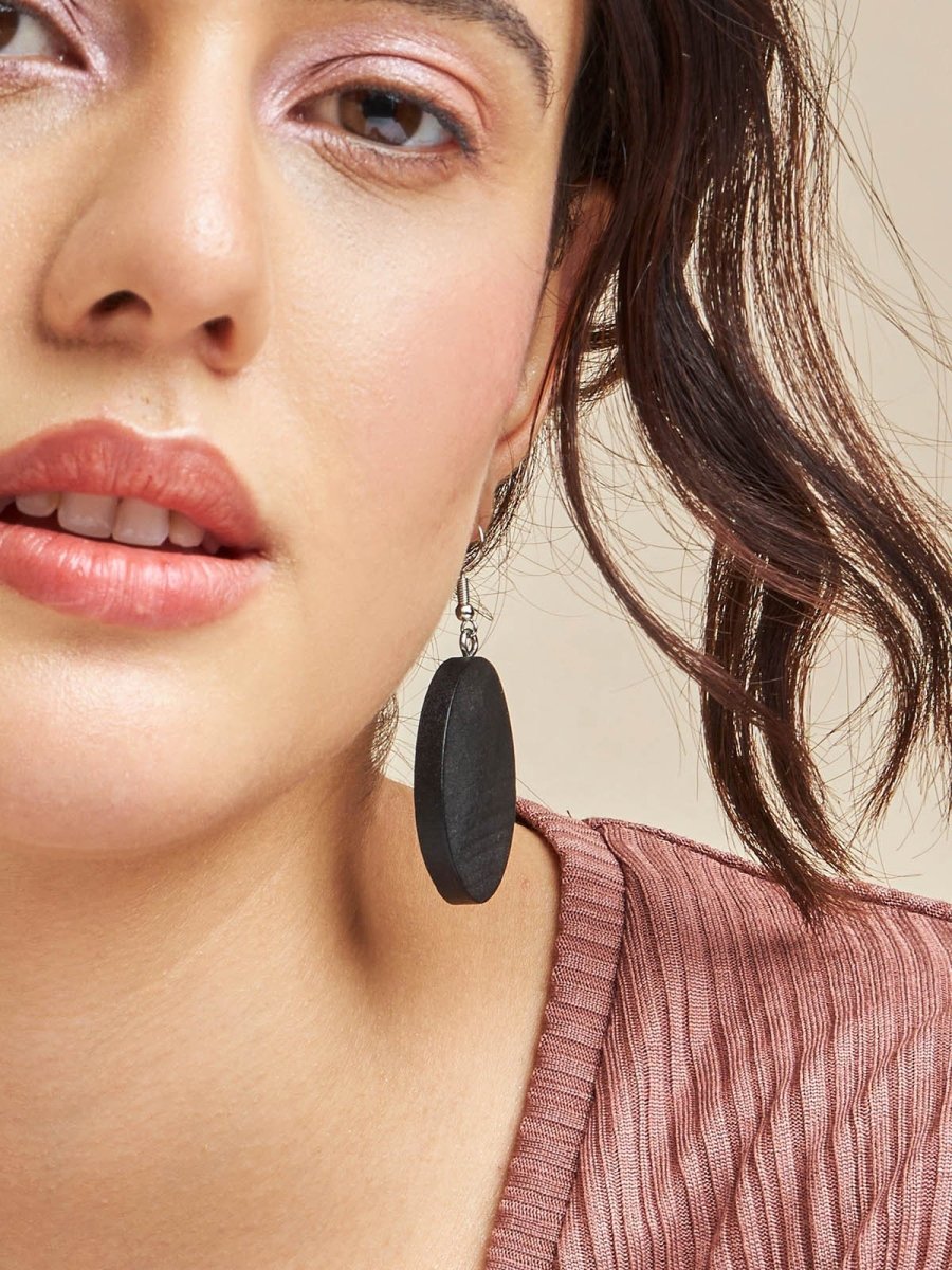 Beruzu - Silver Finish Earrings with Large Black Oval Stone