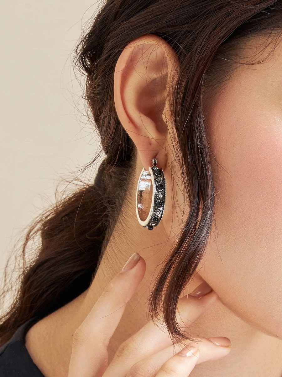 Beruzu - Silver Floral and Crystal Bead Hoop Earrings in Blue and Black Variants - Beruzu Fashion