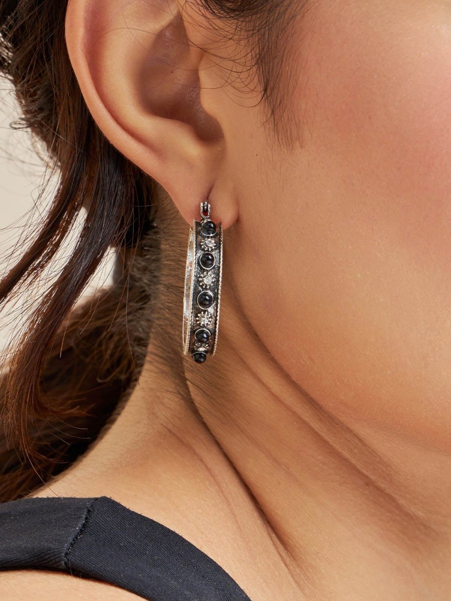 Beruzu - Silver Floral and Crystal Bead Hoop Earrings in Blue and Black Variants - Beruzu Fashion