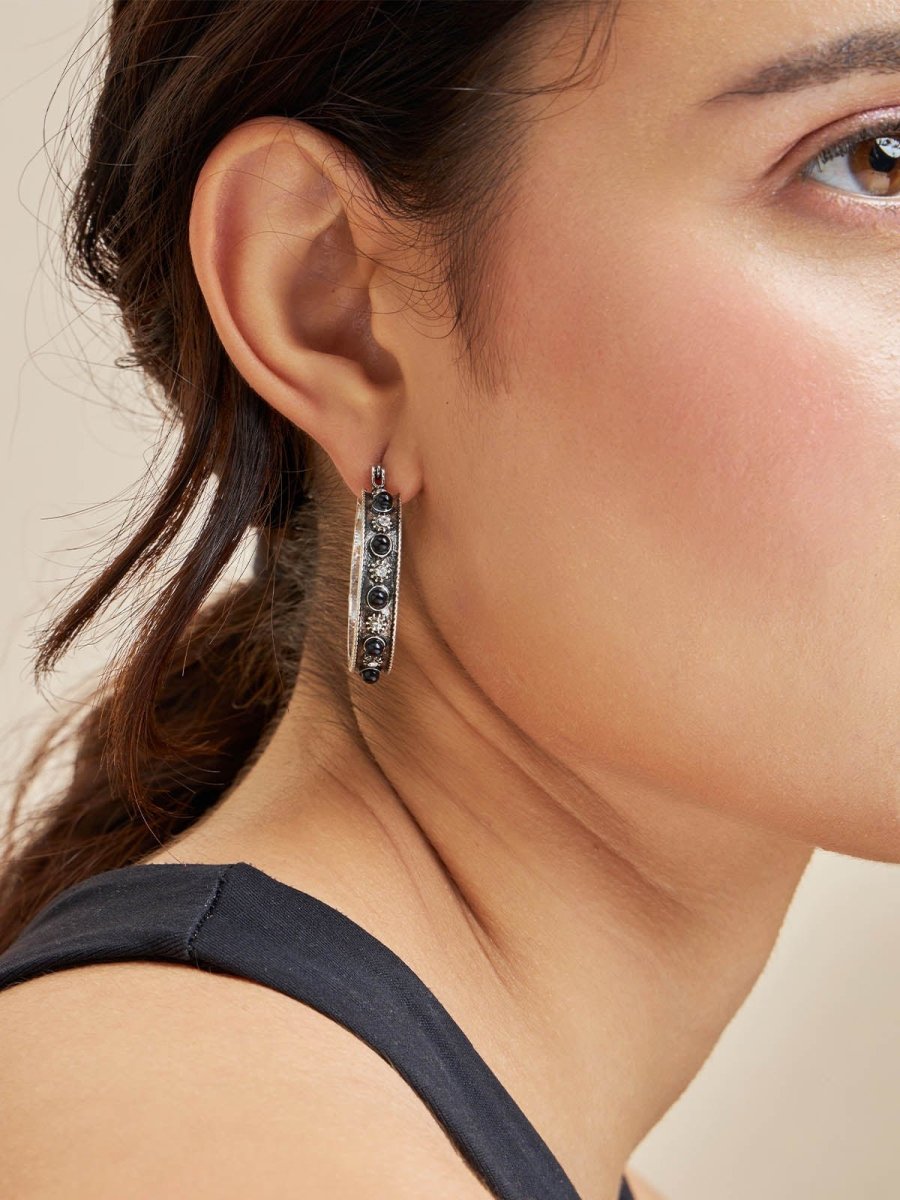 Beruzu - Silver Floral and Crystal Bead Hoop Earrings in Blue and Black Variants - Beruzu Fashion