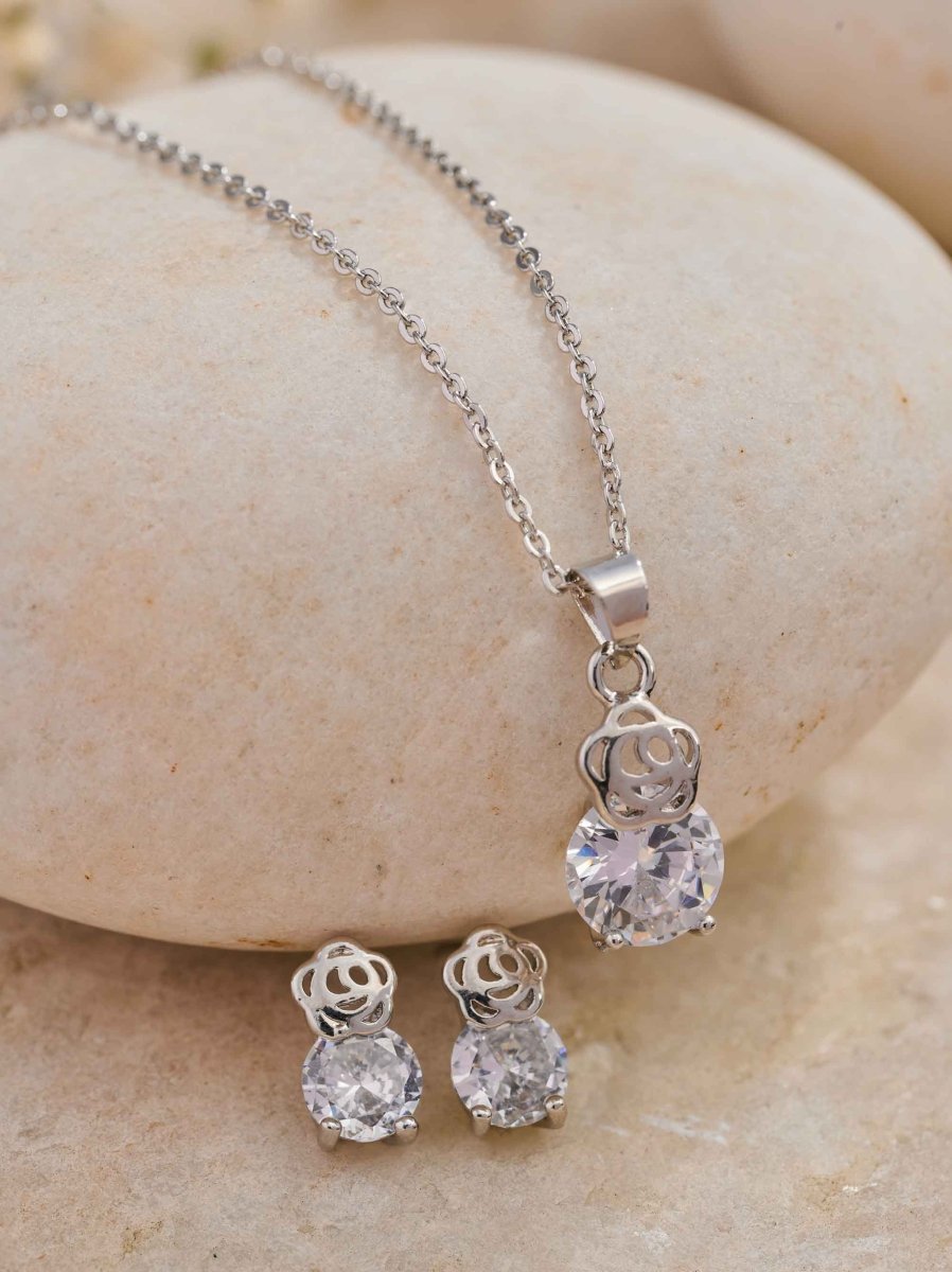 Beruzu Silver Floral Pendant Chain Earring Set - Beruzu