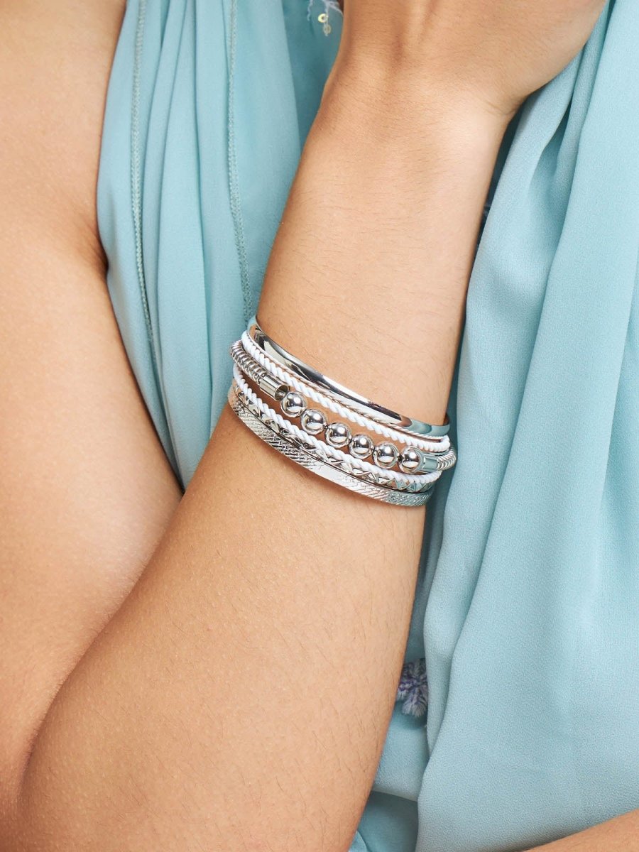 Beruzu - Silver Fusion Bangle Set with Mirror Bead Accents and Intertwined White Bands - Beruzu Fashion