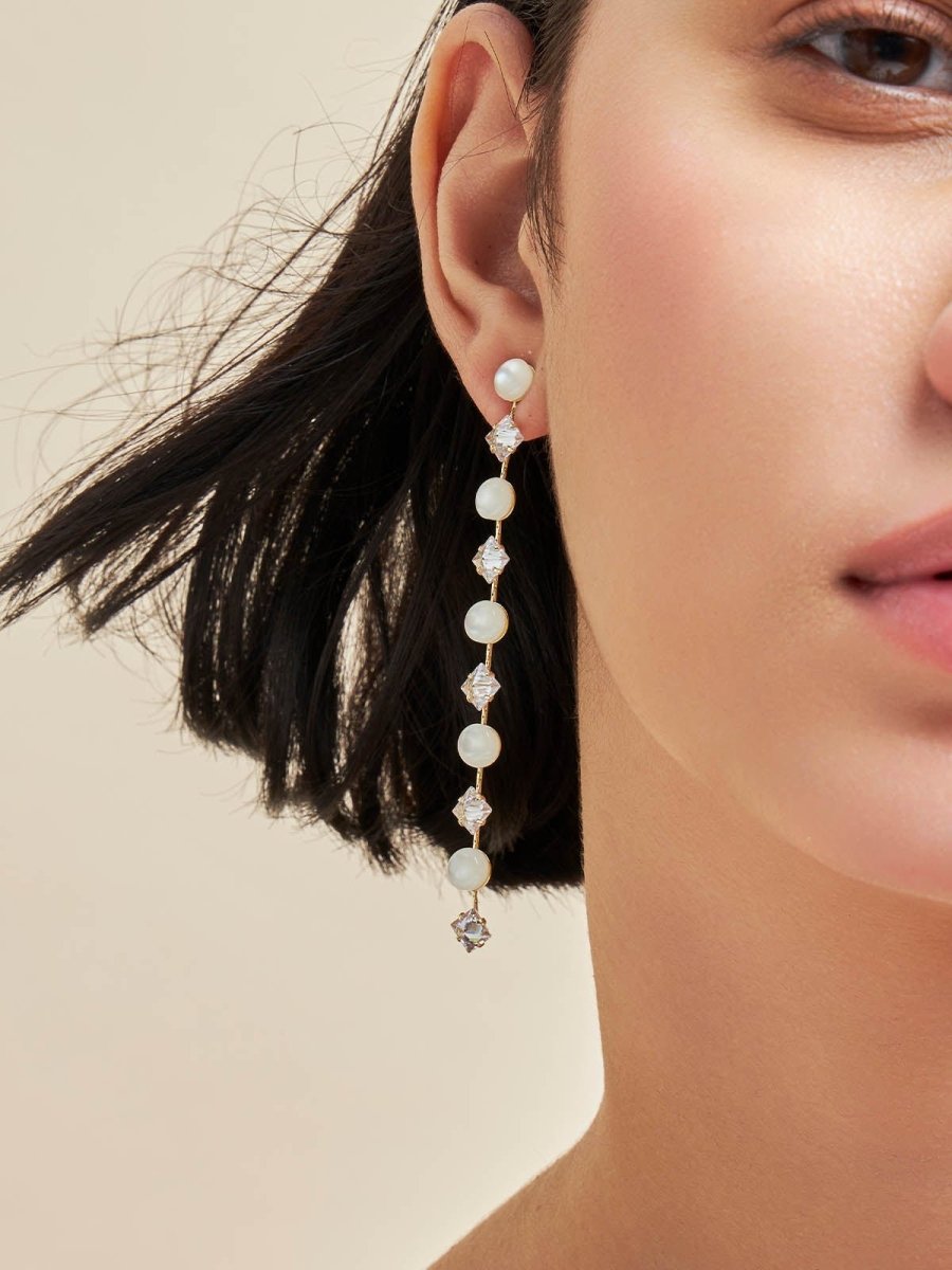 Beruzu - Silver Linear Earrings with Pearl and Crystal Geometric Accents