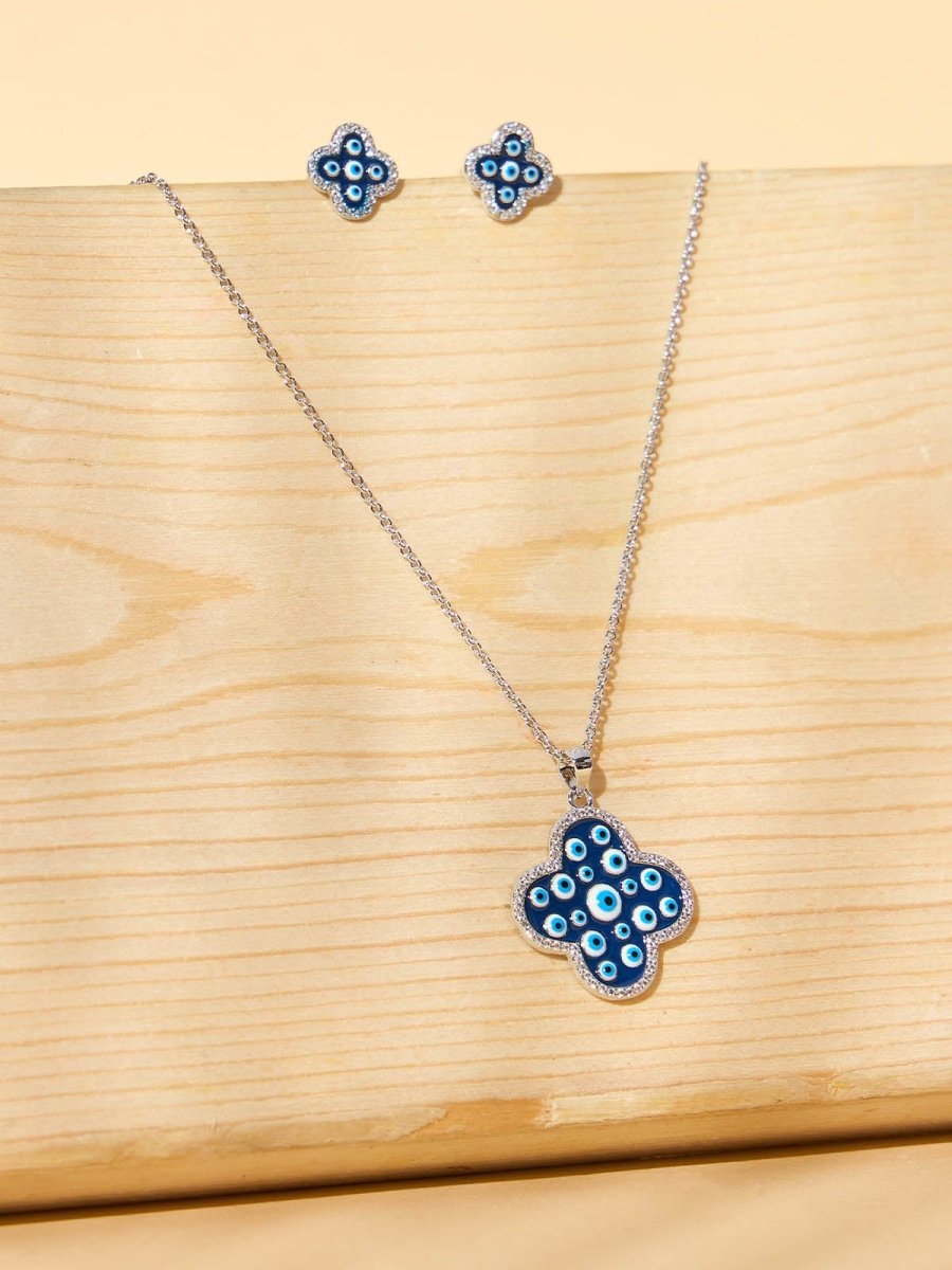 Beruzu - Silver Mystic Clover Pendant Set with Blue Enamel Eyes and Crystal Edges