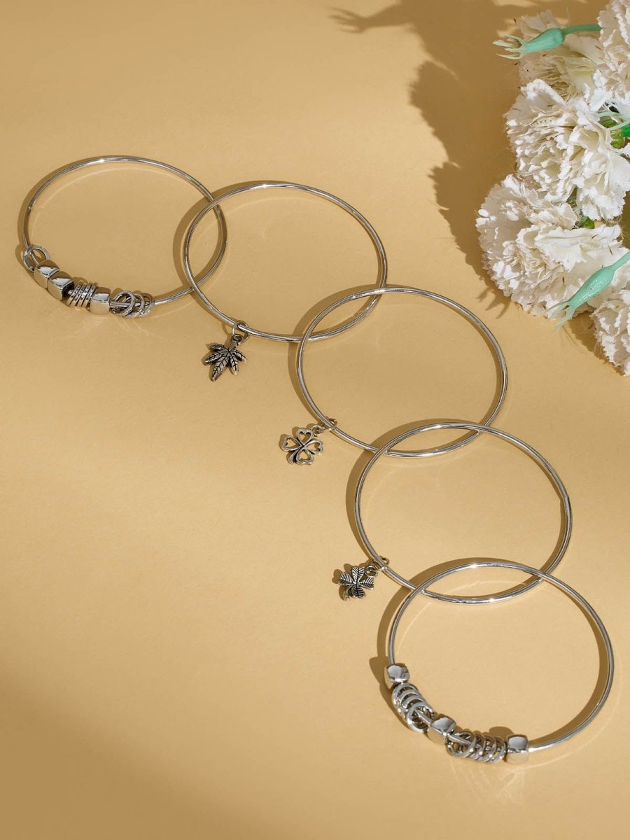 Beruzu - Silver Splendor Bangle Set with Floral Charms and Beaded Accents