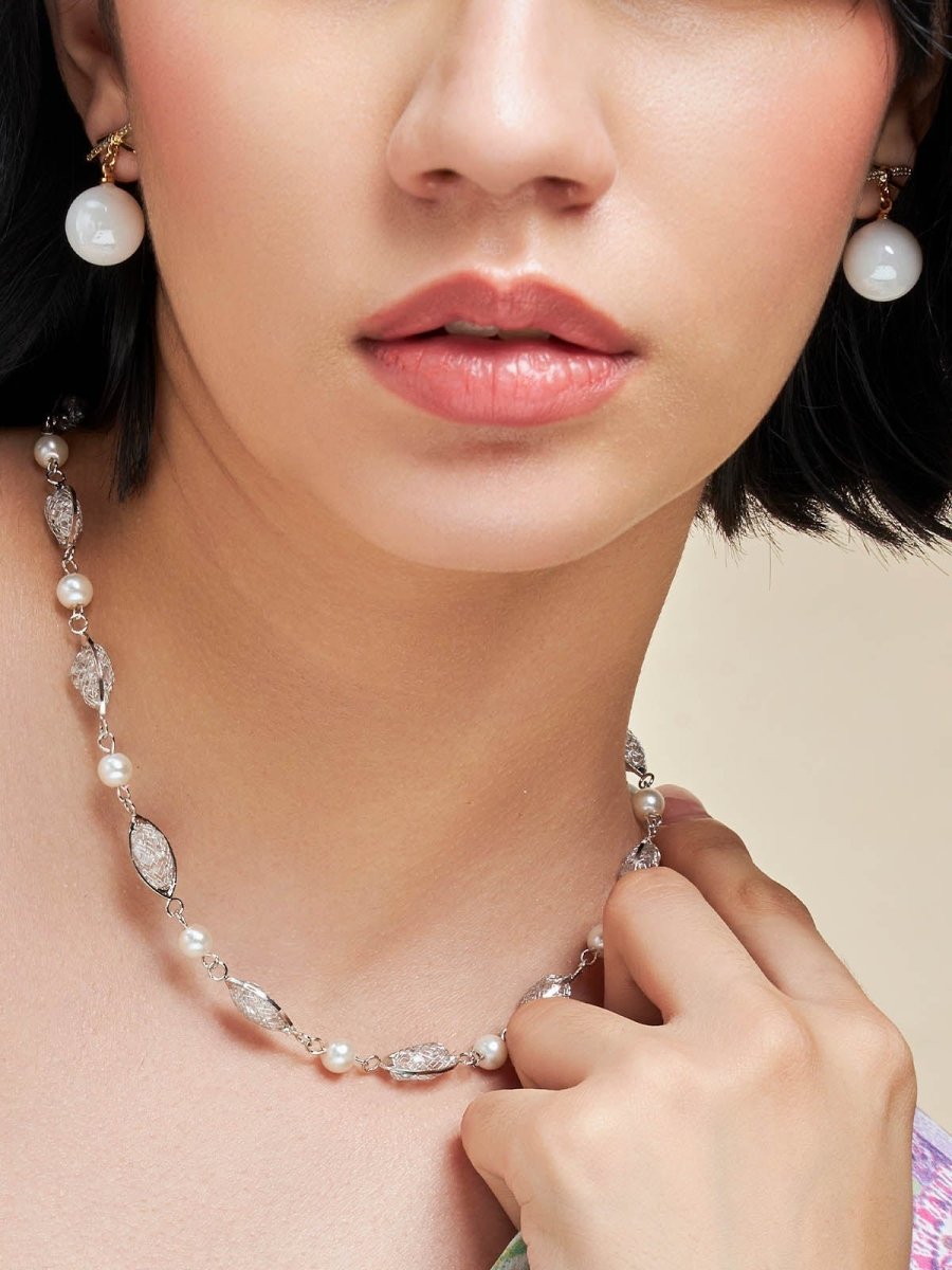 Beruzu - Silver Splendor Necklace with Pearls and Crystal-Embedded Eye Beads - Beruzu Fashion