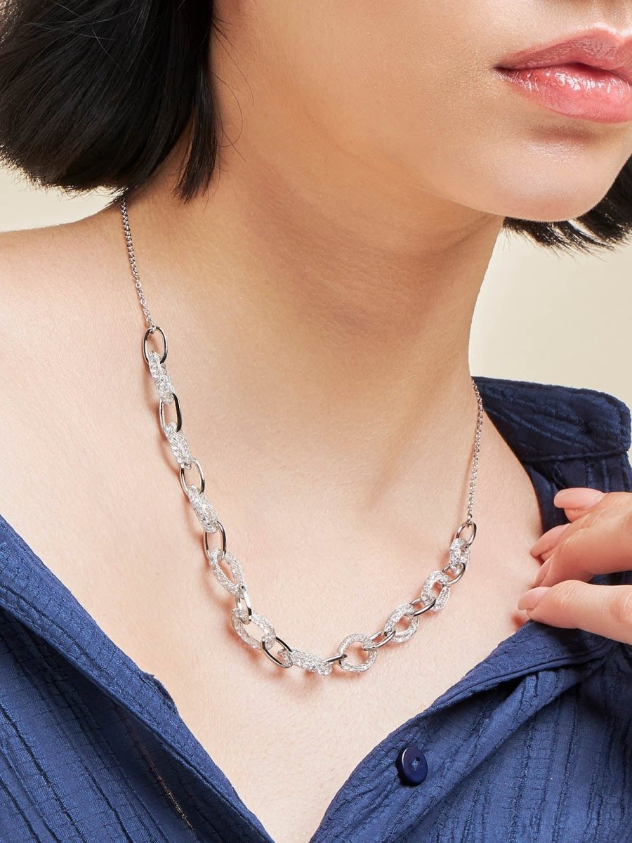 Beruzu - Silver Symphony Necklace with Alternating Solid and Crystal Mesh Hoops - Beruzu Fashion