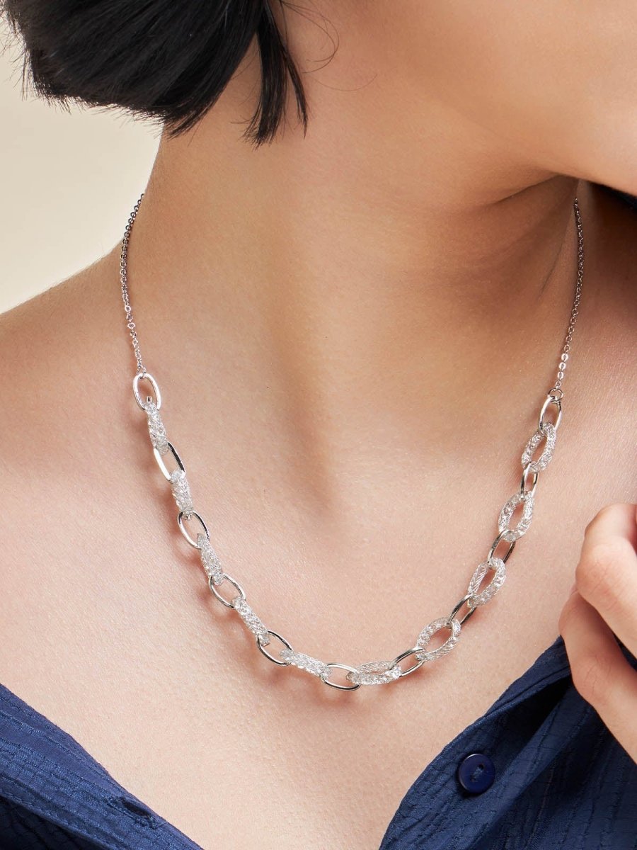 Beruzu - Silver Symphony Necklace with Alternating Solid and Crystal Mesh Hoops - Beruzu Fashion