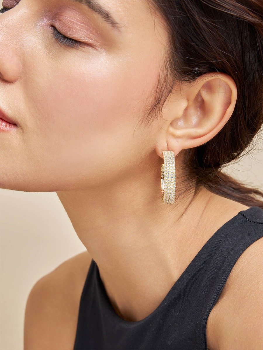 Beruzu - Sparkling Crystal Line Hoop Earrings in Silver and Gold Finish - Beruzu Fashion