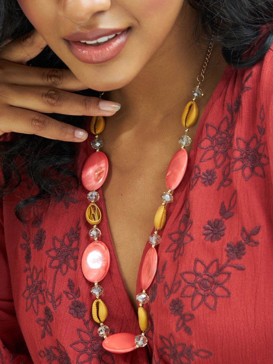 Beruzu - Sunset Glow Harmony Gold Necklace with Dark Yellow Cowry Shells and Light Pink Stone Accents - Beruzu Fashion