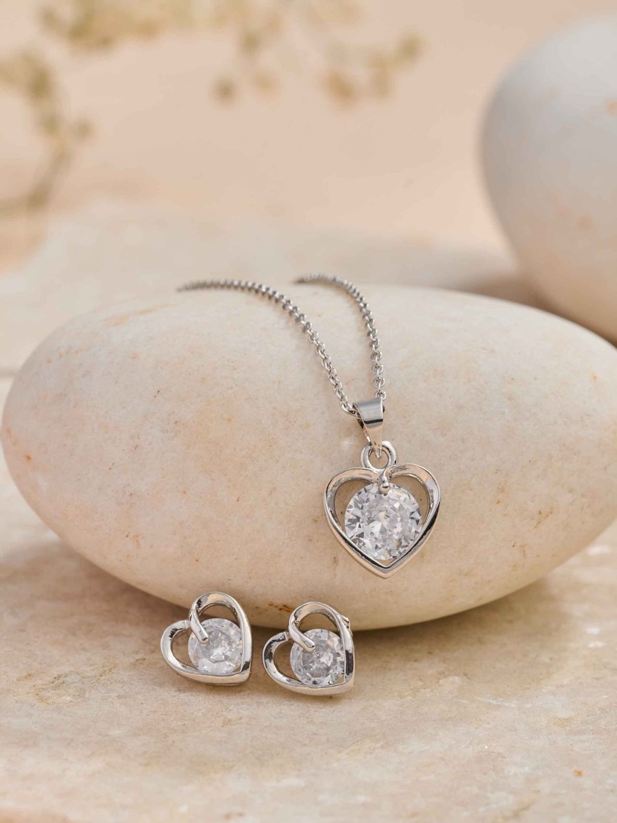 Beruzu Timeless Silver Heart Pendant Earring Set