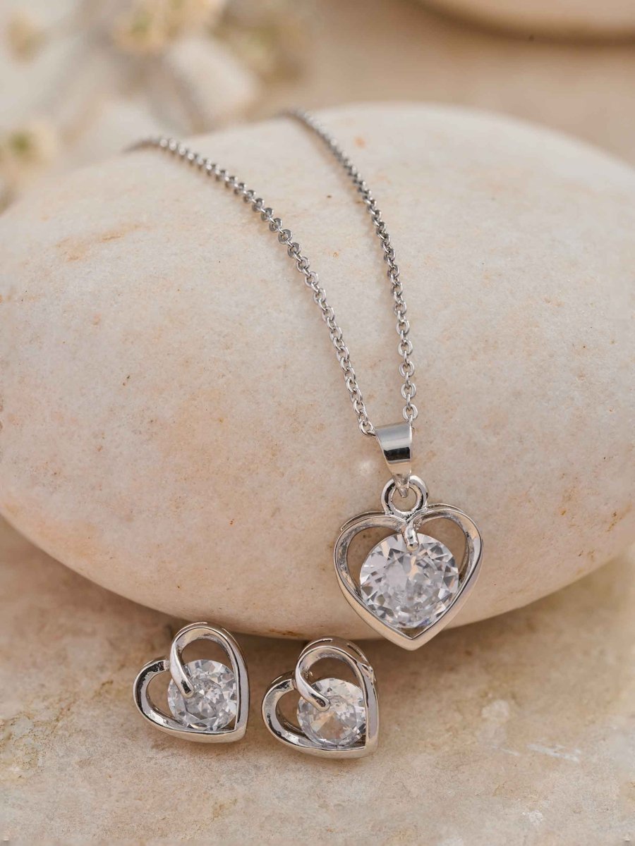 Beruzu Timeless Silver Heart Pendant Earring Set