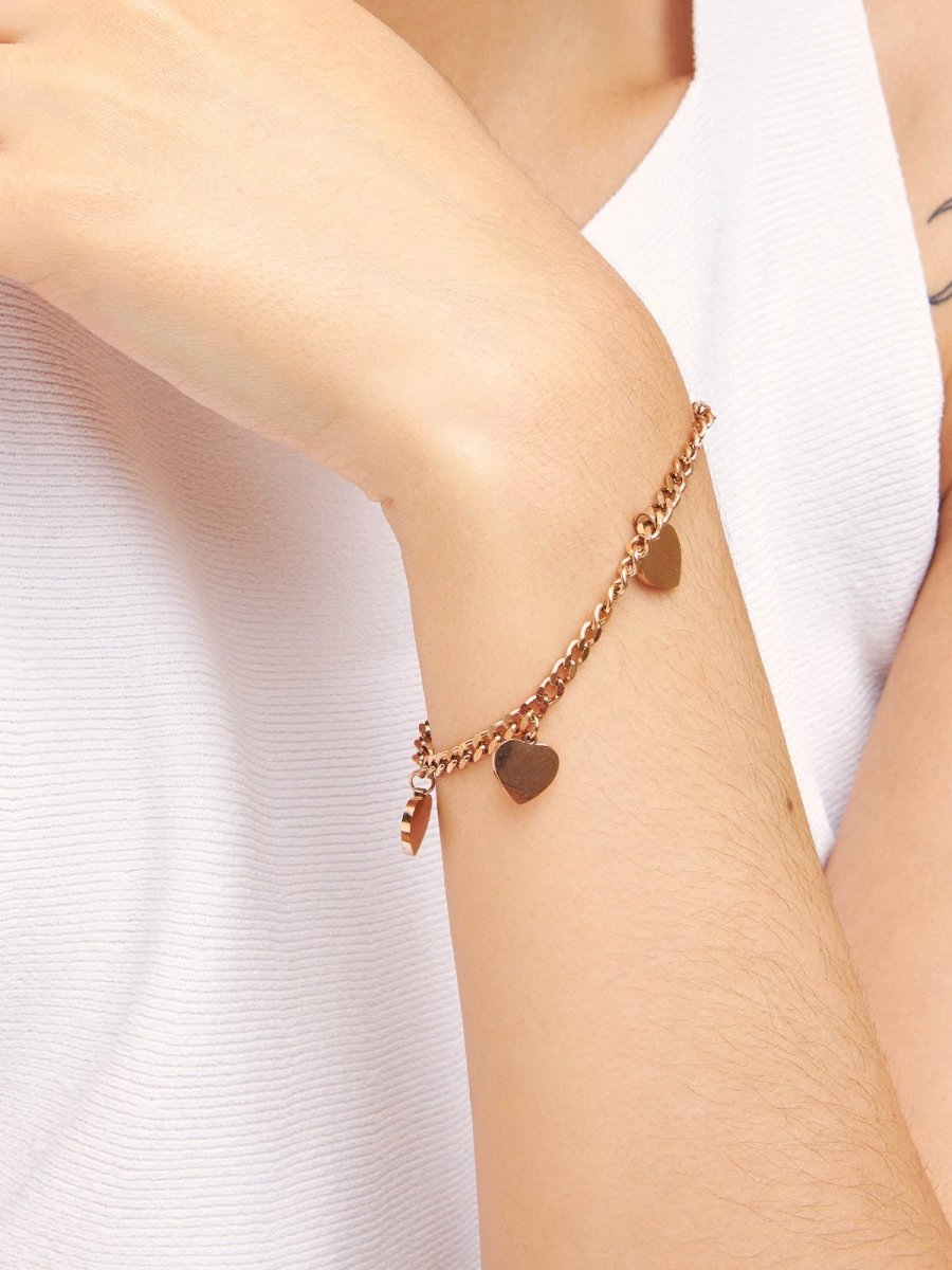 Beruzu - Trendy Rose Gold Plated Bracelet with Heart Charms - Beruzu Fashion