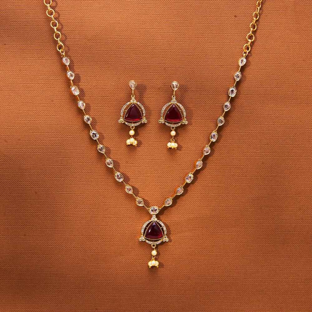 Beruzu - Triangular Ruby Accents and Crystal Chain Detailing Set - Beruzu