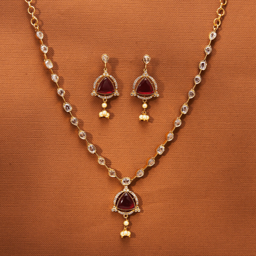 Beruzu - Triangular Ruby Accents and Crystal Chain Detailing Set - Beruzu