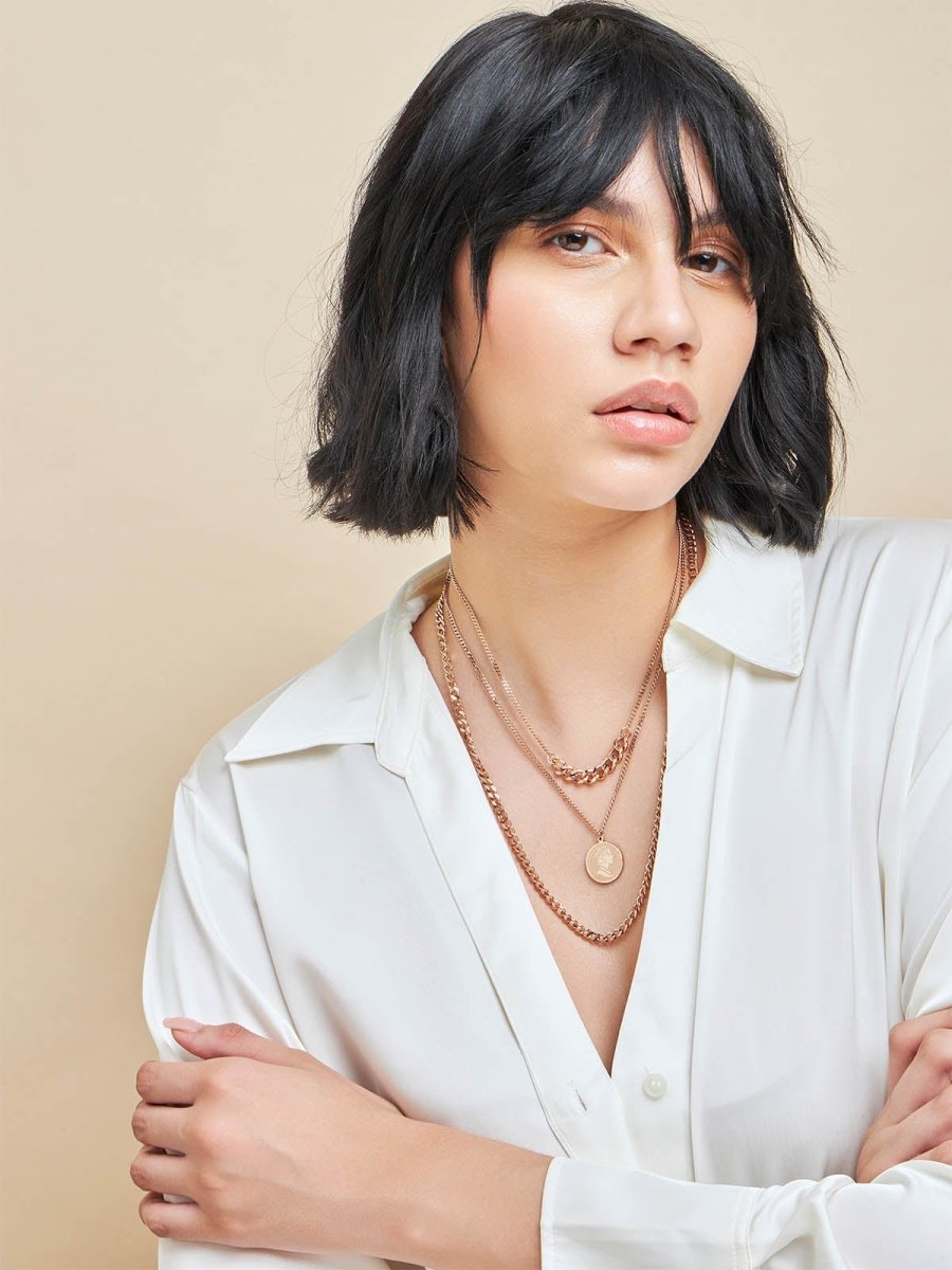 Beruzu - Triple Layered Rose Gold Chain with Circular Pendant