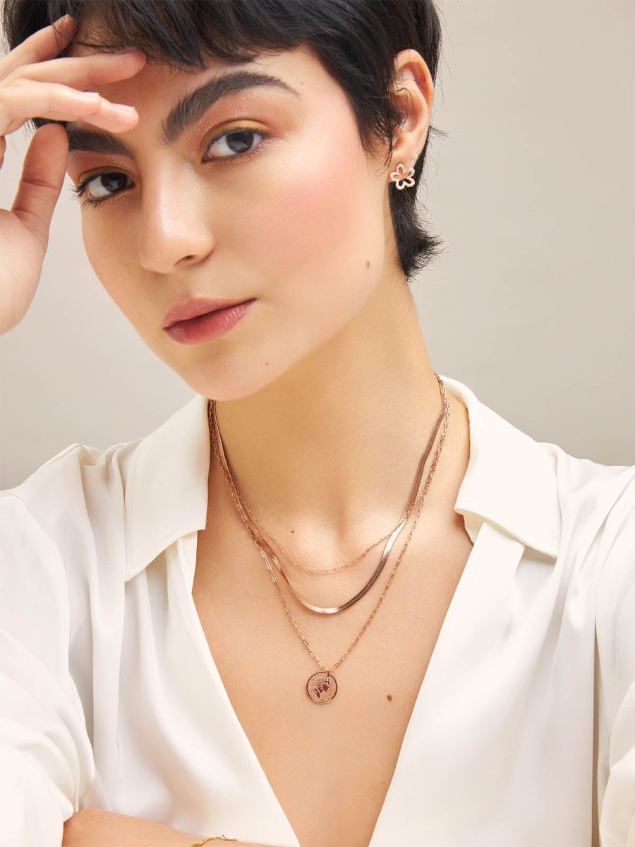 Beruzu - Triple-Layered Rose Gold Necklace with Black Enamel Artwork Pendant - Beruzu Fashion