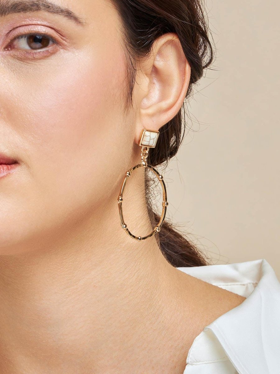 Beruzu - Western Elegance Marble-Accent Hoop Earrings in Gold with Black or White Options - Beruzu Fashion