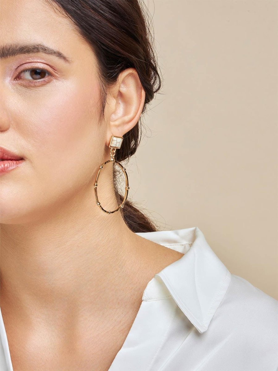 Beruzu - Western Elegance Marble-Accent Hoop Earrings in Gold with Black or White Options - Beruzu Fashion