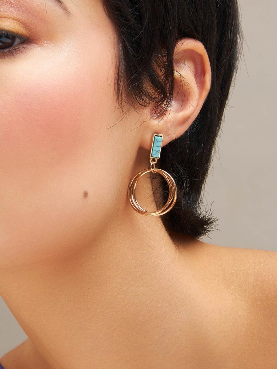 Beruzu - Western Gold Hoop Drop Earrings with Blue Marble Rectangular Accent - Beruzu Fashion