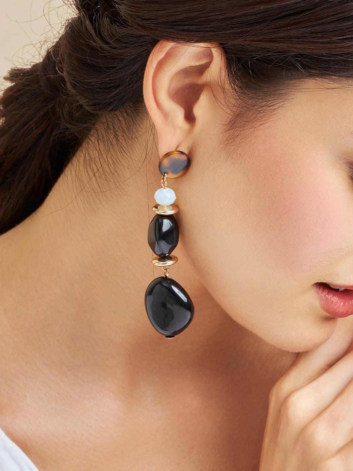 Beruzu - Elegant Long Drop Earrings with Black and White Bead Accents - Beruzu Fashion